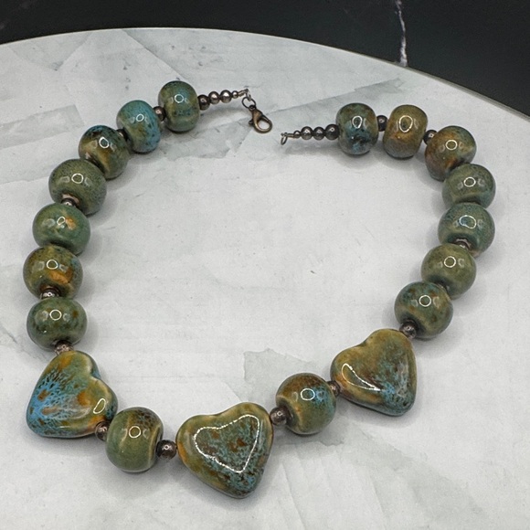 Handcrafted Green Glazed Heart Bead Necklace - Picture 7 of 7